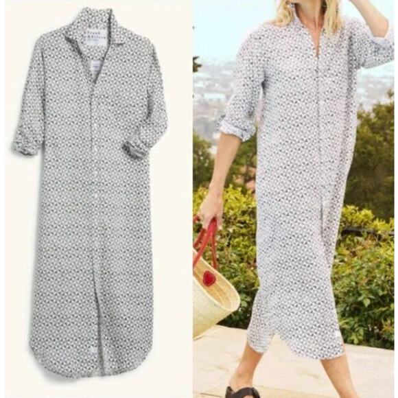 FRANK & EILEEN M Medium Black White Geometric Linen Maxi Rory Shirtdress Dress - Picture 6 of 10